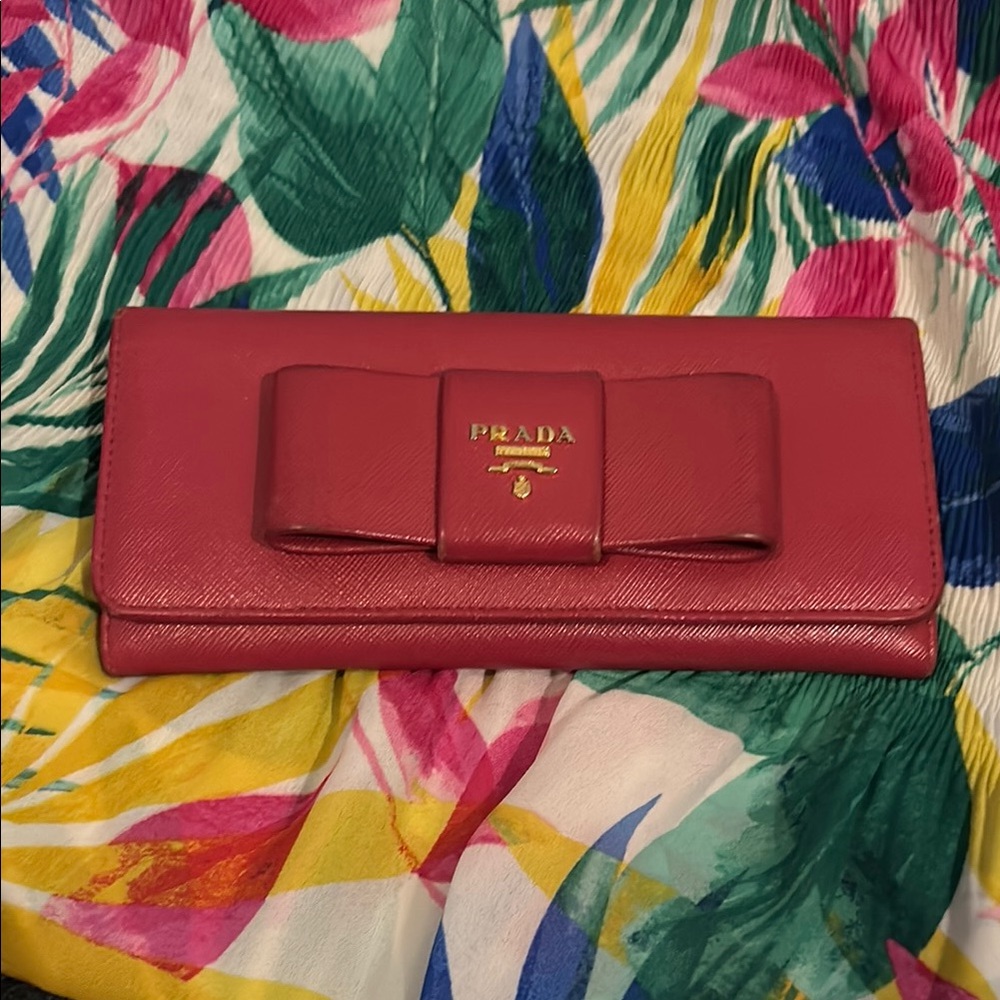 Prada Pink Saffiano Leather Wallet with Bow Detail